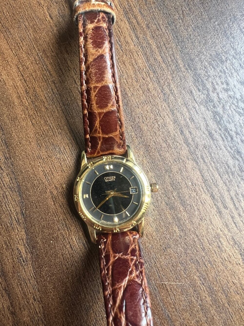 Black and Gold Vintage Citizen Watch with Leather Band and Date Window